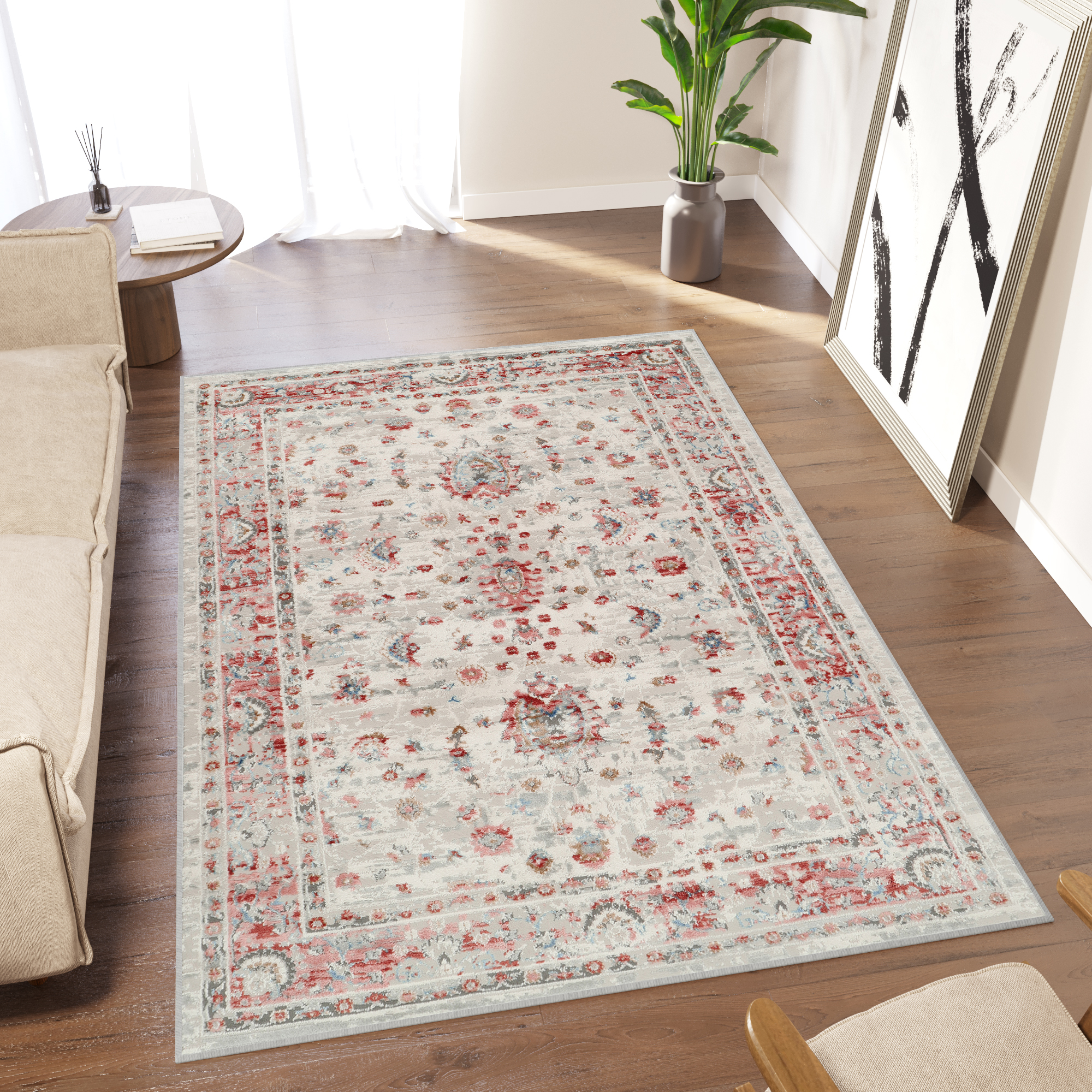 Tapiso retro alfombra de pelo corto vintage pelirrojo gris azul floral sala habitación oficina oeko-tex resistente 180 x 250 cm