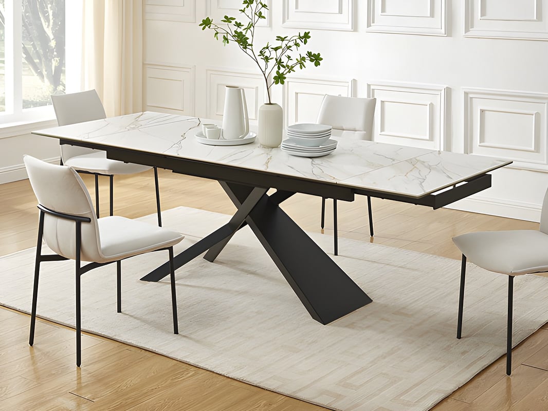 Stół do jadalni rozkładany dla 6 do 10 osób z ceramiki, szkła hartowanego i metalu - Efekt białego marmuru i Czarny - LUMIEL