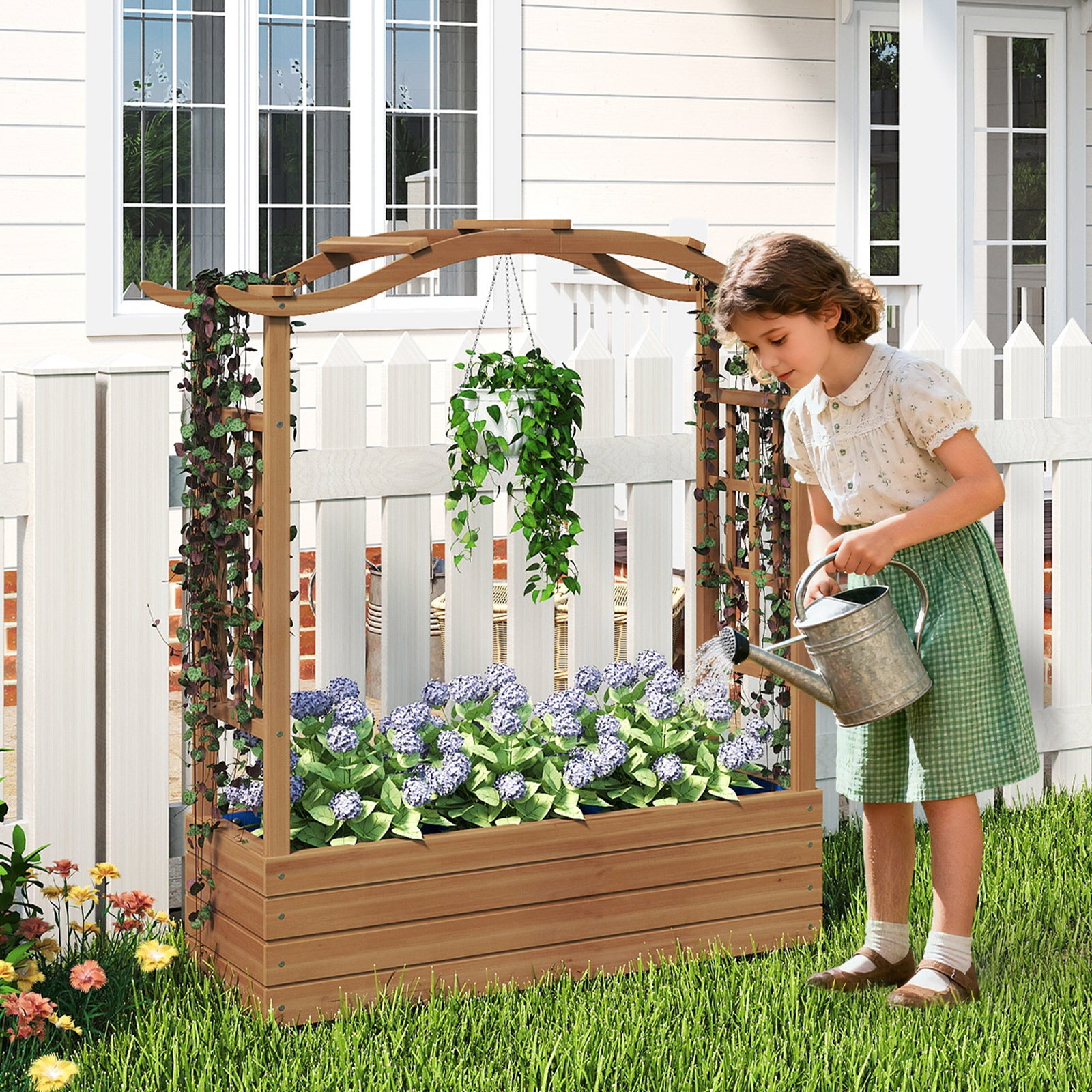 Jardinière avec 2 Treillis Latéraux Toit Suspendu en Bois, Lit de Jardin Surélevé Bac Inférieur pour Fleurs Légumes Plantes Grimpantes, pour Jardin - 9