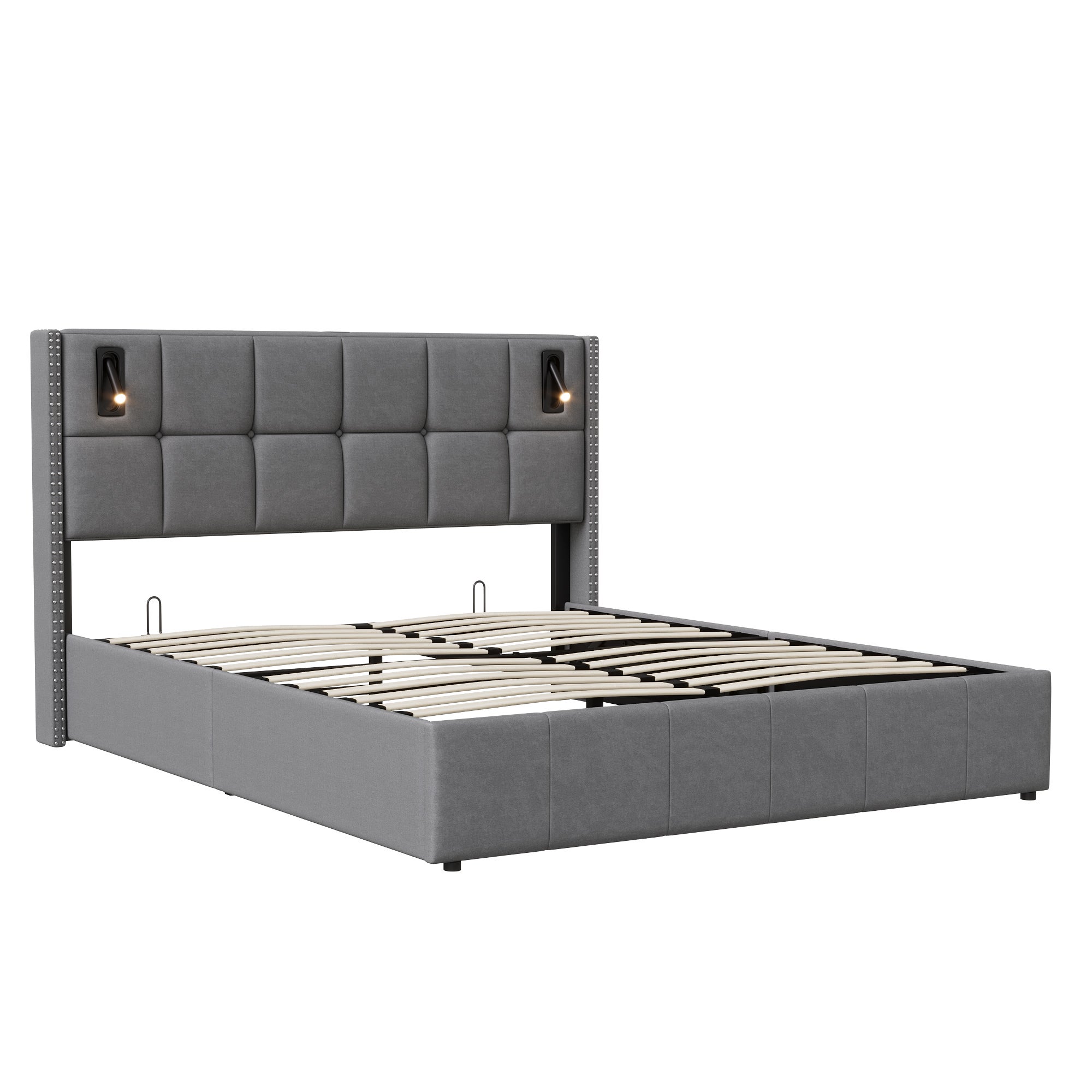 Lit Rembourré 140x200cm avec sommier à lattes & liseuses, lit coffre lit double, velours, gris - 7