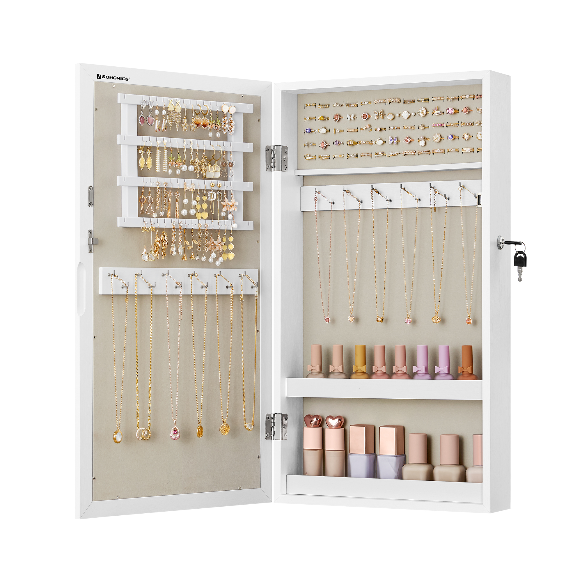 Armoire à Bijoux Murale, Organisateur de Bijoux, Rangement, Verrouillable, avec Miroir, Peu Encombrant, Surface en Blanc et Doublure en Grège - 4