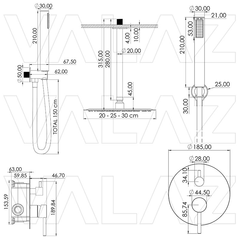 Valaz Douche encastrée monocommande ronde en or brossé - Série Jucar - 25 cm - 2