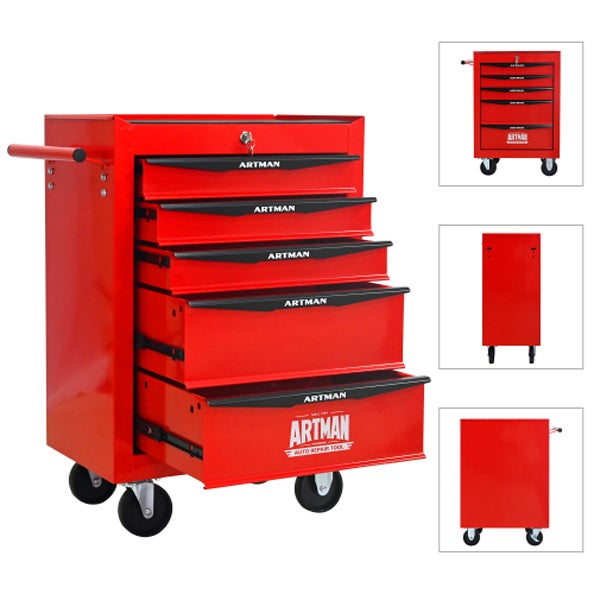 Coffre à outils en métal avec roulettes, 5 tiroirs,armoire à outils pliable en 5 parties, glissières de tiroir à billes, organiseur d'outils en acier. - 7