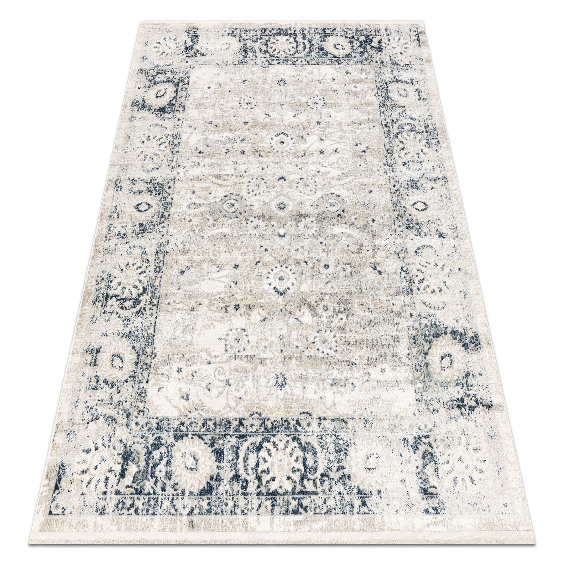 Dywan DISTIN 0843A biały / granatowy / niebieski nowoczesny - Ornament, ramka, vintage, frędzle 80x150 cm