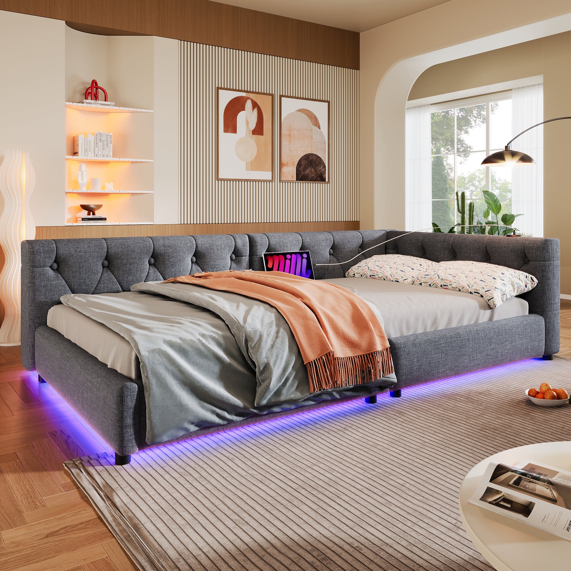 Canapé-lit Convertible 90x200cm Sweiko - Avec Rangements, LEDs, Ports USB/Type-C - Velours Beige - Transformable En Lit Double