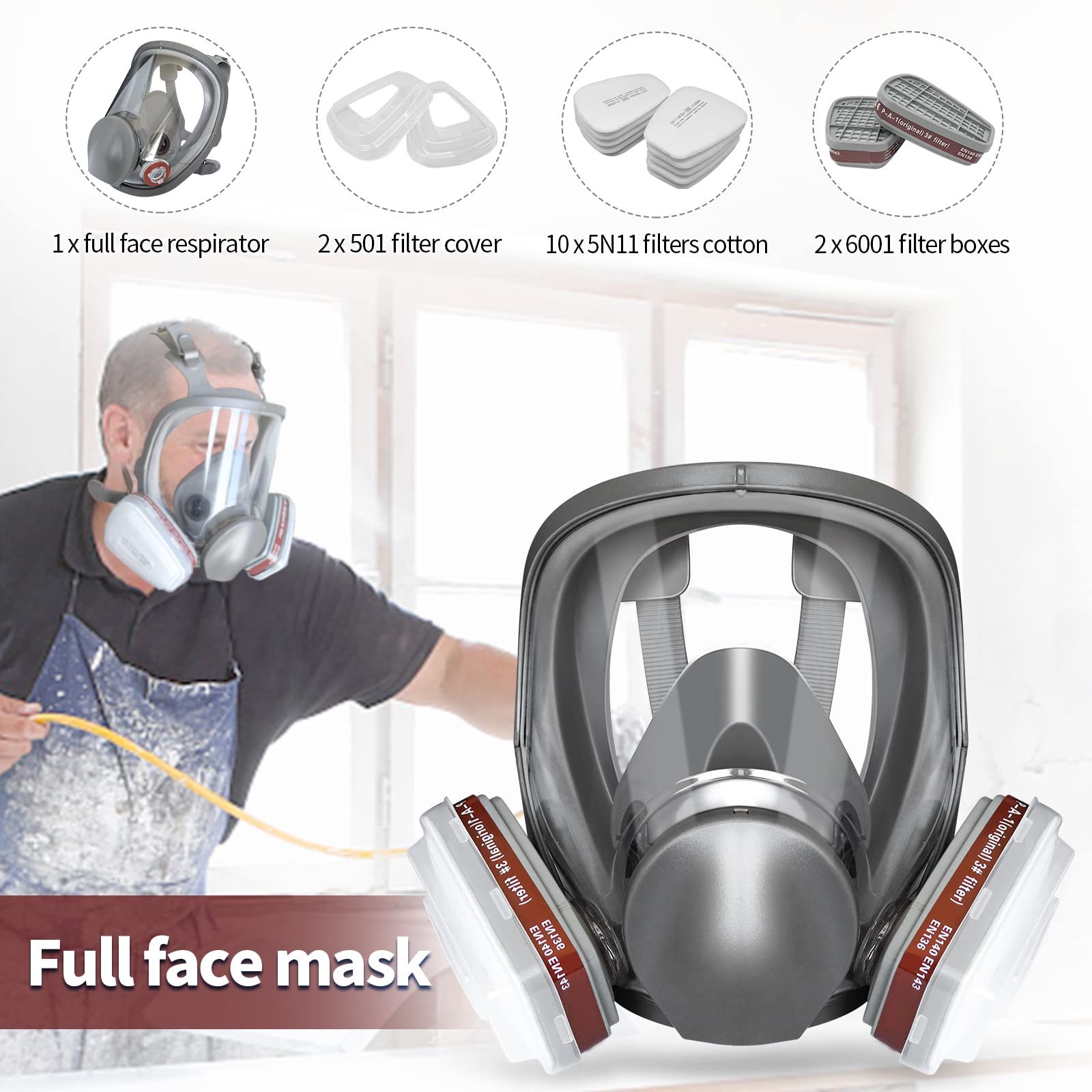 Masque respiratoire complet avec filtre 6001 pour peinture, contre la poussière, les produits chimiques, le polissage, la pulvérisation de voiture - 3