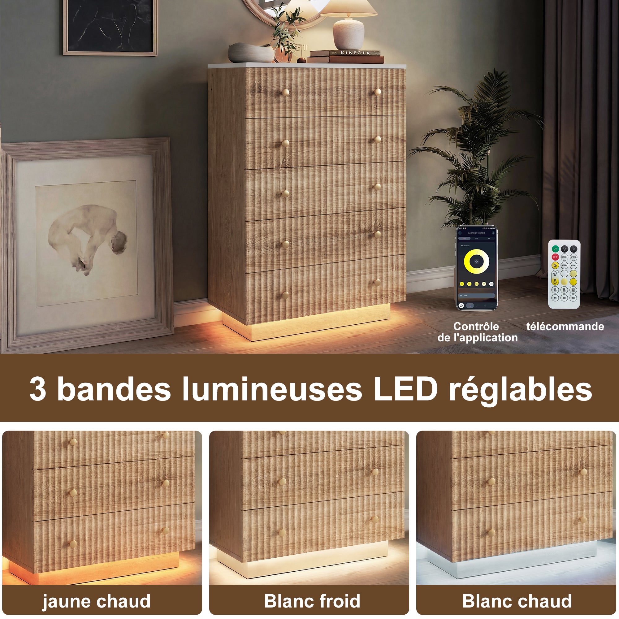 Commode 5 tiroirs - Commode Chambre Meuble de Rangement Style bohème avec Bois - table de chevet avec LED - 40 x 73 x 111 cm - Bois Naturel - 5