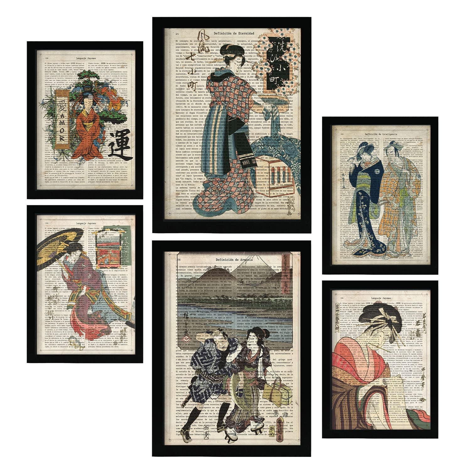 Nacnic posters de posters de japón ilustraciones estilo enciclopedia vintage con geishas japonesas en ukiyo-e para la a4 & a3 marco negro