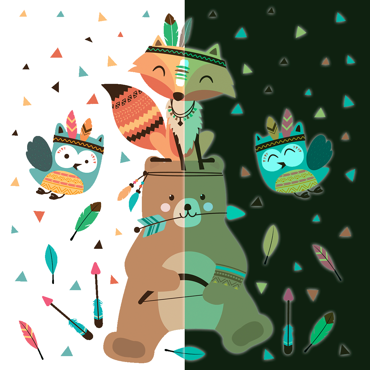 Adesivi fosforescente con orsacchiotto e animali indiani - Sticker adesivo - adesivi murali - 40x30cm - 2