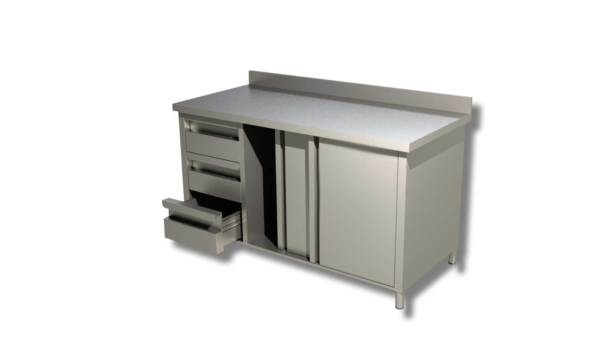 Table sur armoire 1 porte battante avec 3 tiroirs a gauche avec dosseret - Ristopro - l140- L0- P60- h85- Inox AISI430 - 2