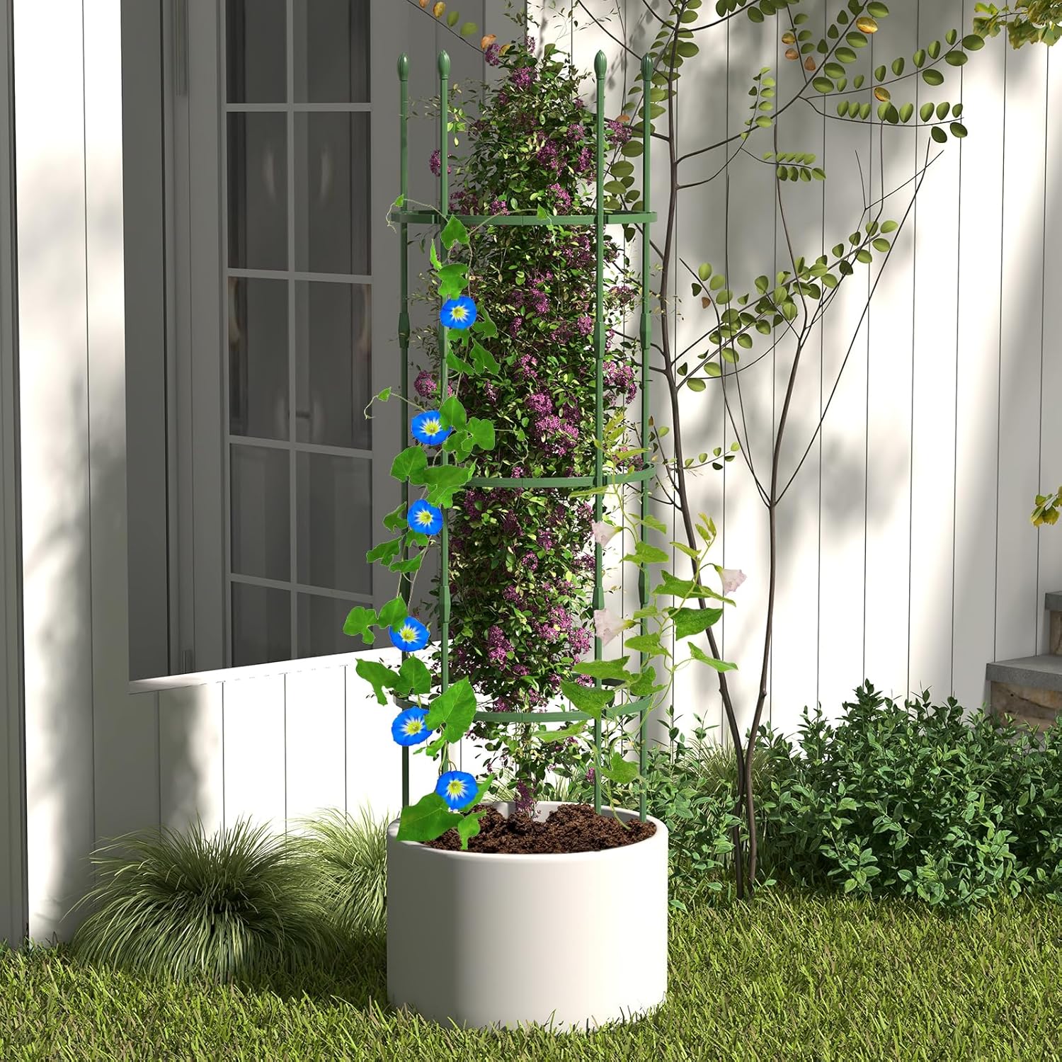 3 Pezzi Obelisco per Rampicanti 165 cm, Supporti per Piante 2 in 1 con Clip e Fascette, Traliccio da Giardino per Piante Rampicanti, Pomodori - 9