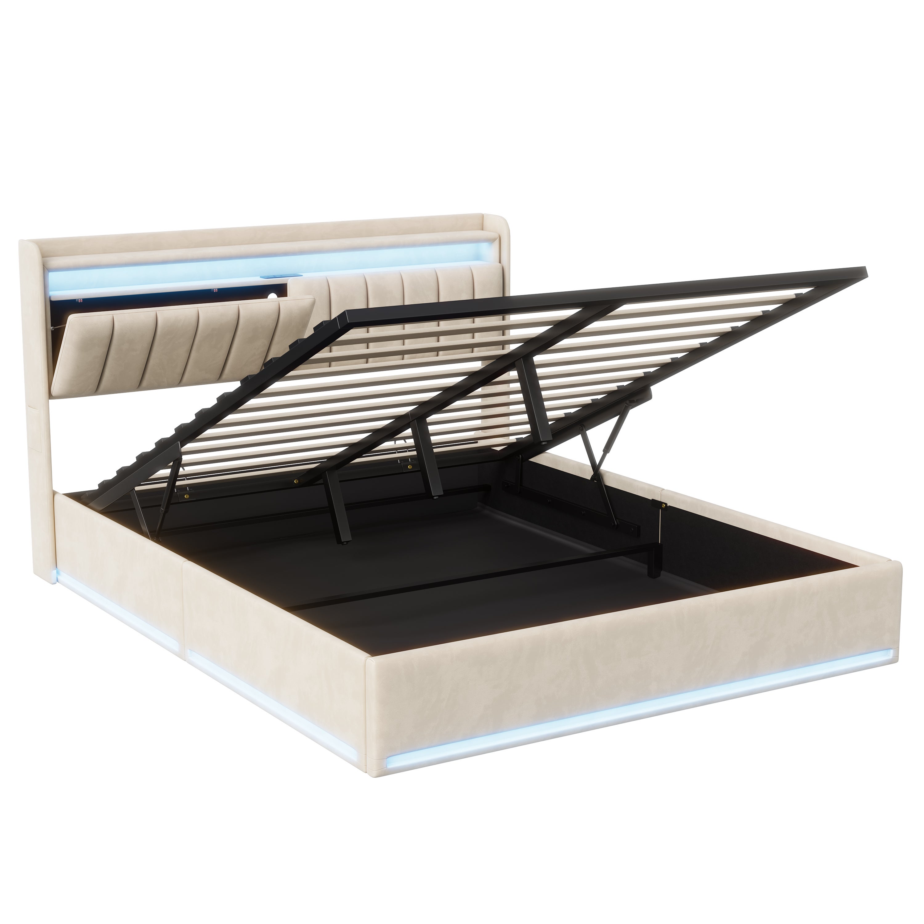 Lit 160x200cm - Lit coffre 160x200 avec sommier et tête de lit rangement - LED et port charge - velours - beige - 5