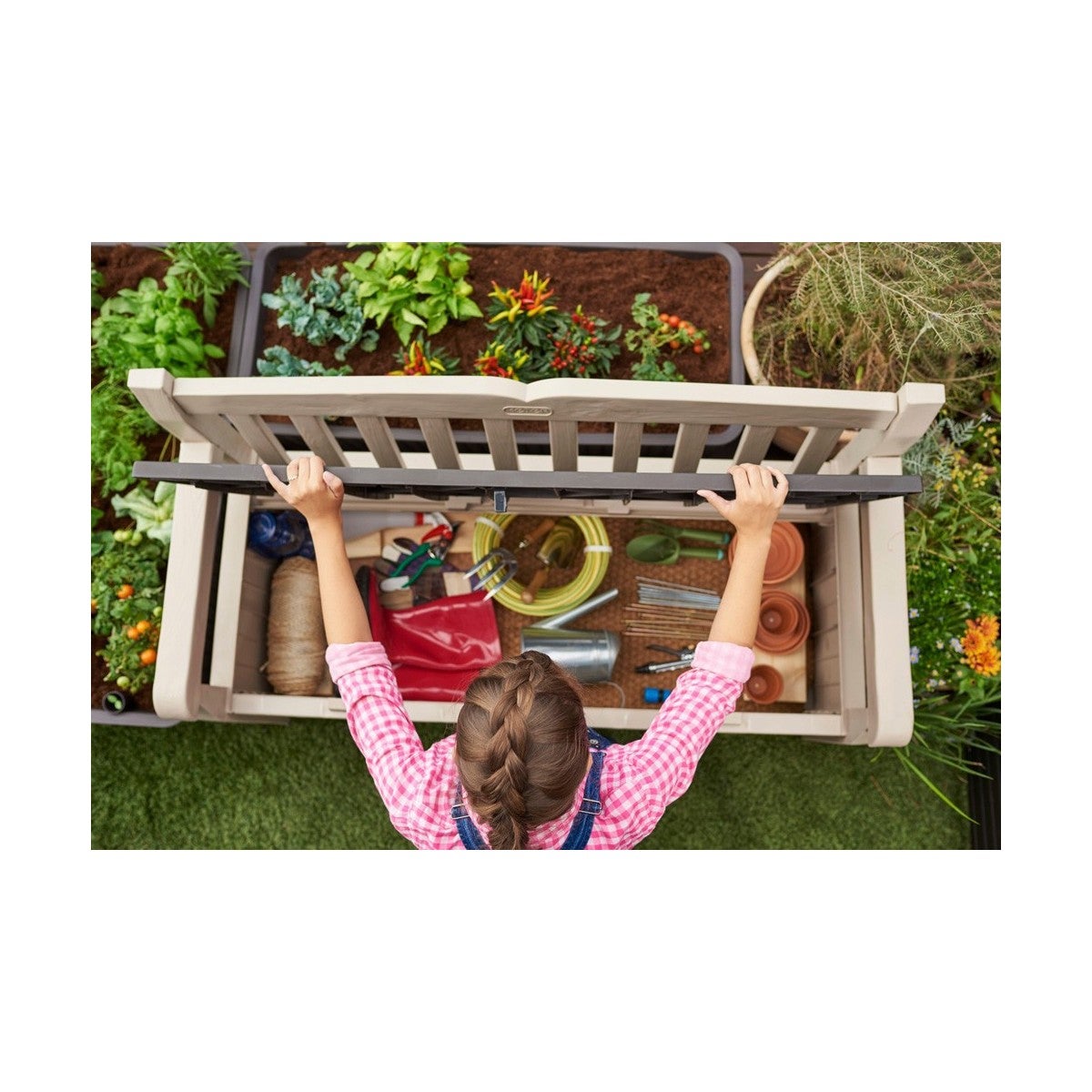 Keter Panchina Baule Effetto Legno Contenitore Apribile Esterno Beige Cassapanca - 7