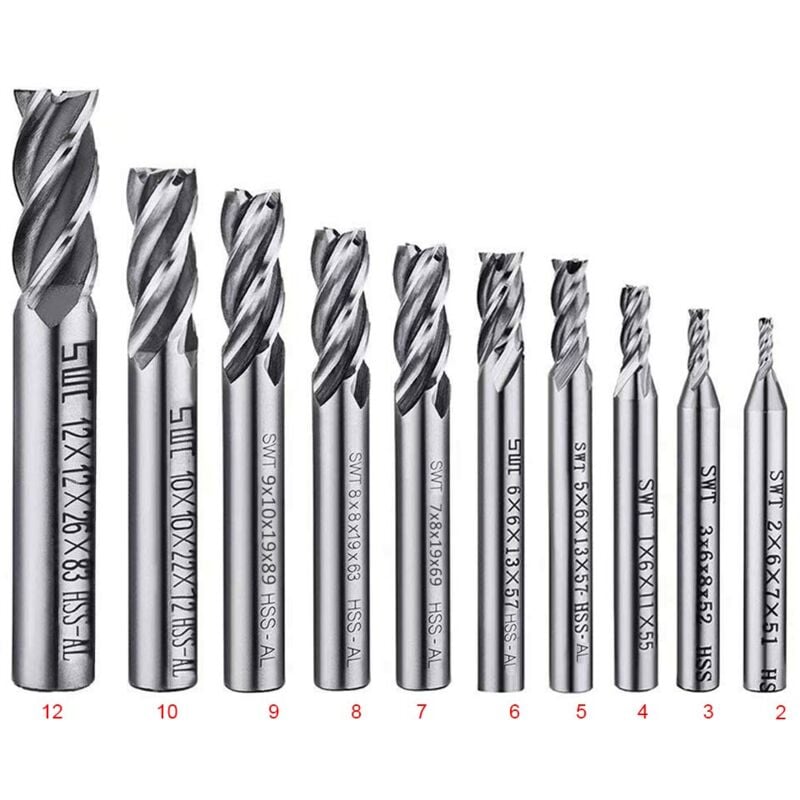 Zestaw 10 frezów 4-ostrzowych - Wiertła HSS z chwytem prostym 2-12 mm - Wiertła CNC