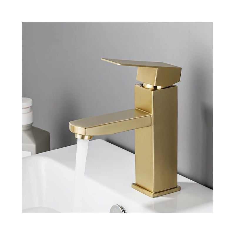 Bateria umywalkowa do łazienki ze stali nierdzewnej, ceramiczna kwadratowa podstawa, 1 otwór, wykończenie szczotkowane