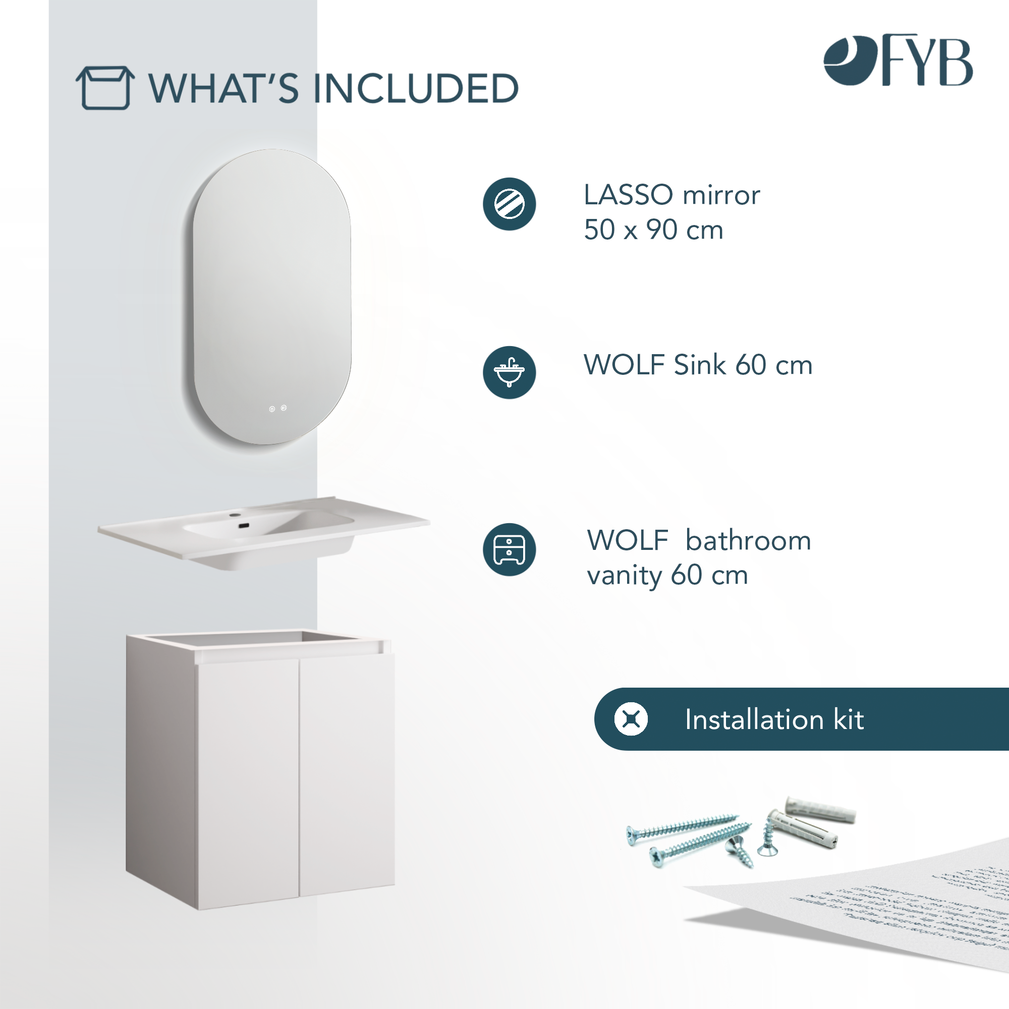 Feel Your Bath, Meuble De Salle De Bain WOLF Blanc 60 cm, 2 Portes, Vasque Céramique Intégrée Et Miroir Ovale LED Antibuée - 7