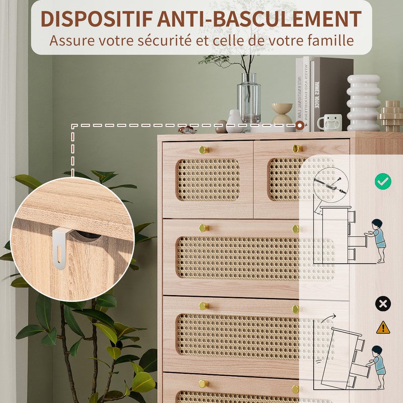 Commode à 5 tiroirs, structure en bois, finition rotin, buffet, meuble de rangement, couleur bois naturel - 7