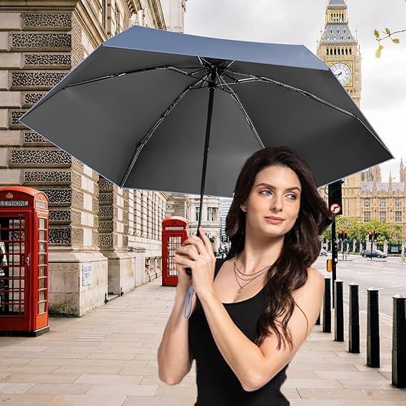 Parasol pliable 50%, pour les jours ensoleillés et pluvieux, pliable, protection UV, avec porte-cartes, bleu brume - 3