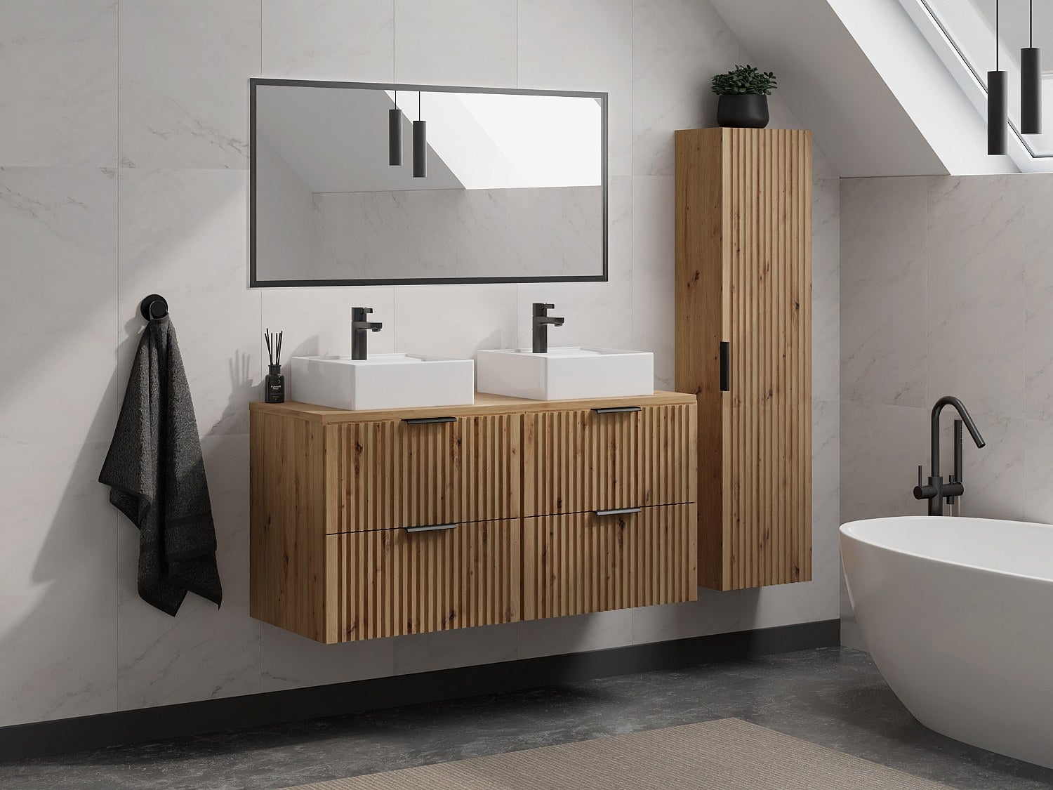 Szafka łazienkowa wisząca ryflowana z umywalką nablatową i słupkiem - Naturalny jasny - 120 cm - ZEVARA