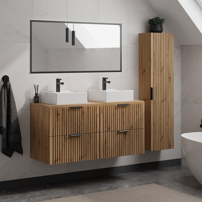 Szafka łazienkowa wisząca ryflowana z umywalką nablatową i słupkiem - Naturalny jasny - 120 cm - ZEVARA