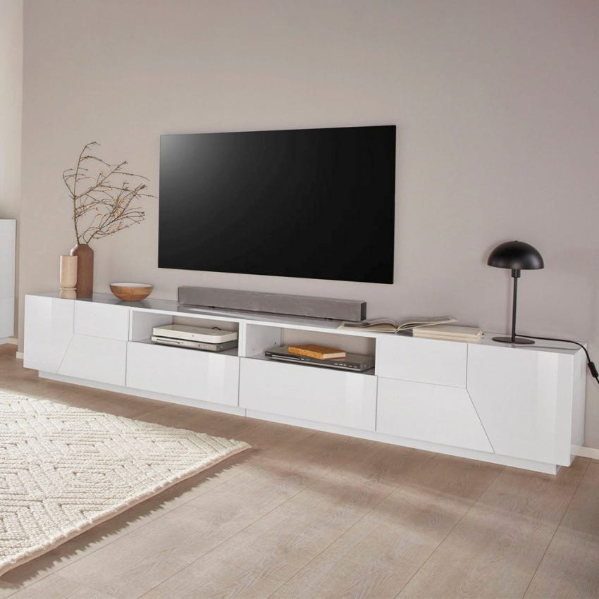 Mobile porta TV moderno 260x43cm parete soggiorno bianco lucido