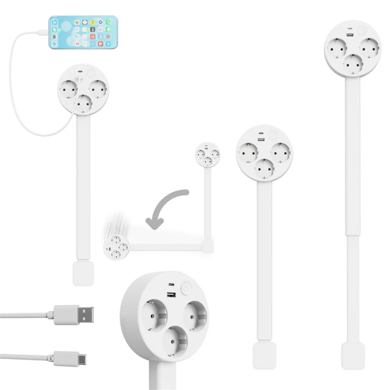 Prise Extensible Derriere Meuble, Prise Extensible,Outlet Extender, rotatives à 180°,avec Ports USB-A,USB-C et 2 Prises Secteur, 47 à 67 cm - 7