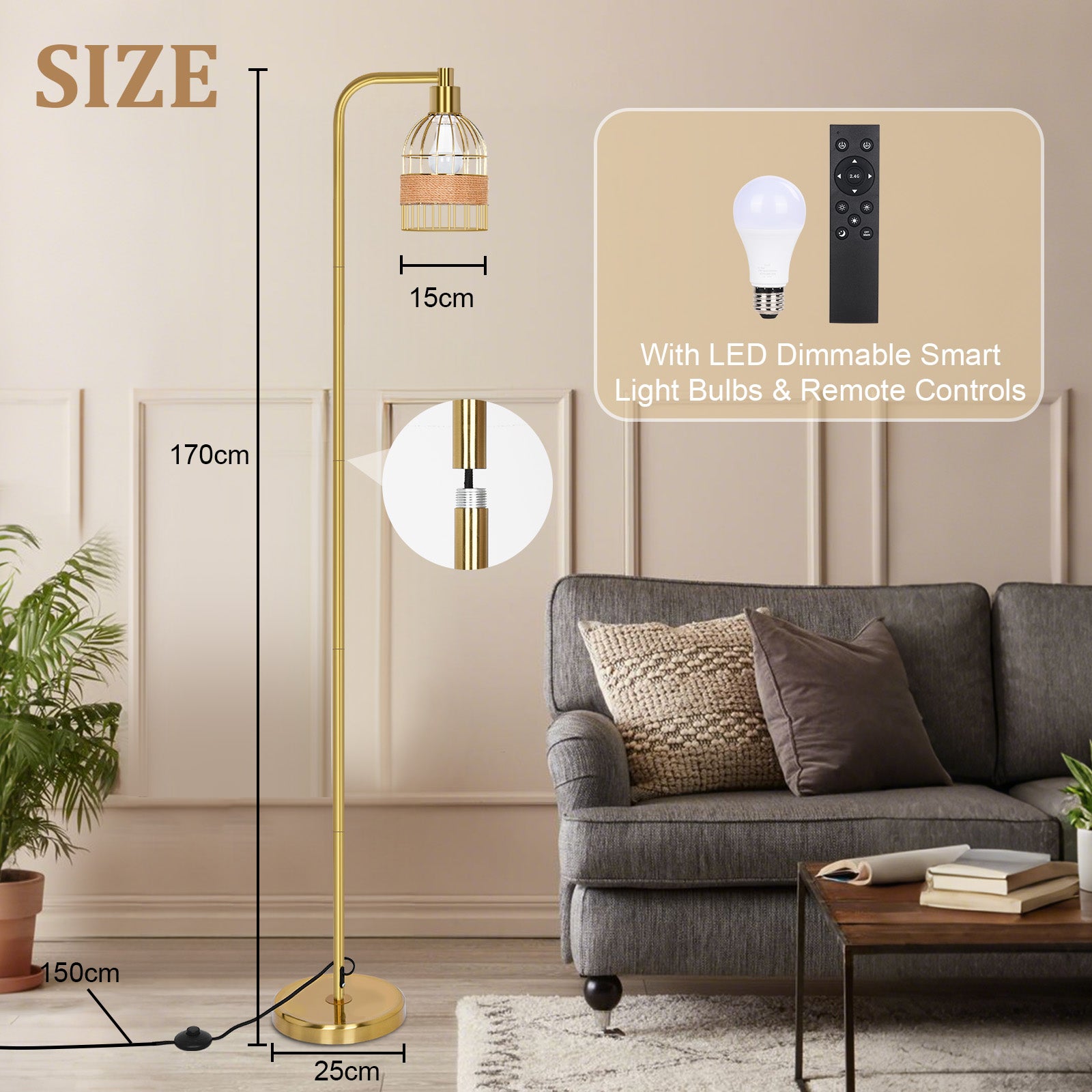 Lampadaire doré industriel – 170 cm, lampadaire sur pied design avec abat-jour en rotin, télécommande & variateur LED pour salon - 2