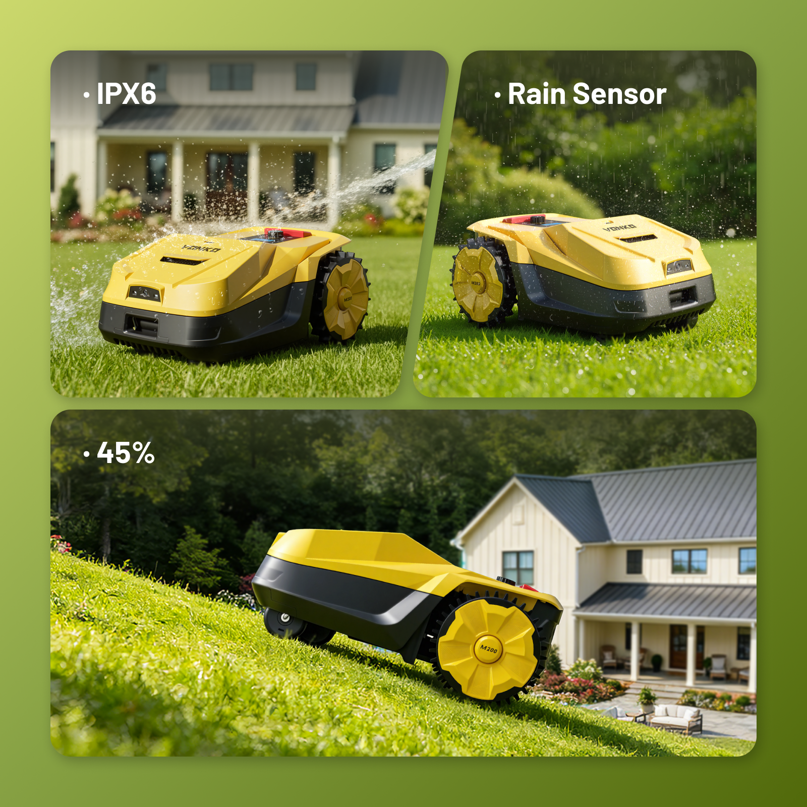 VONKO M200 Robot Tondeuse sans Fil Périphérique, RTK+Vision IA, Carto Auto, Surface 800m² (1500m² max), Pente 45%, Évitement Obstacles, App - 10