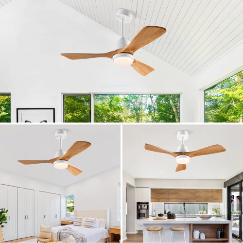 Ventilateur de plafond 114 cm - Avec éclairage et télécommande - Moteur DC réversible - 3 pales en bois - Blanc et naturel - 7