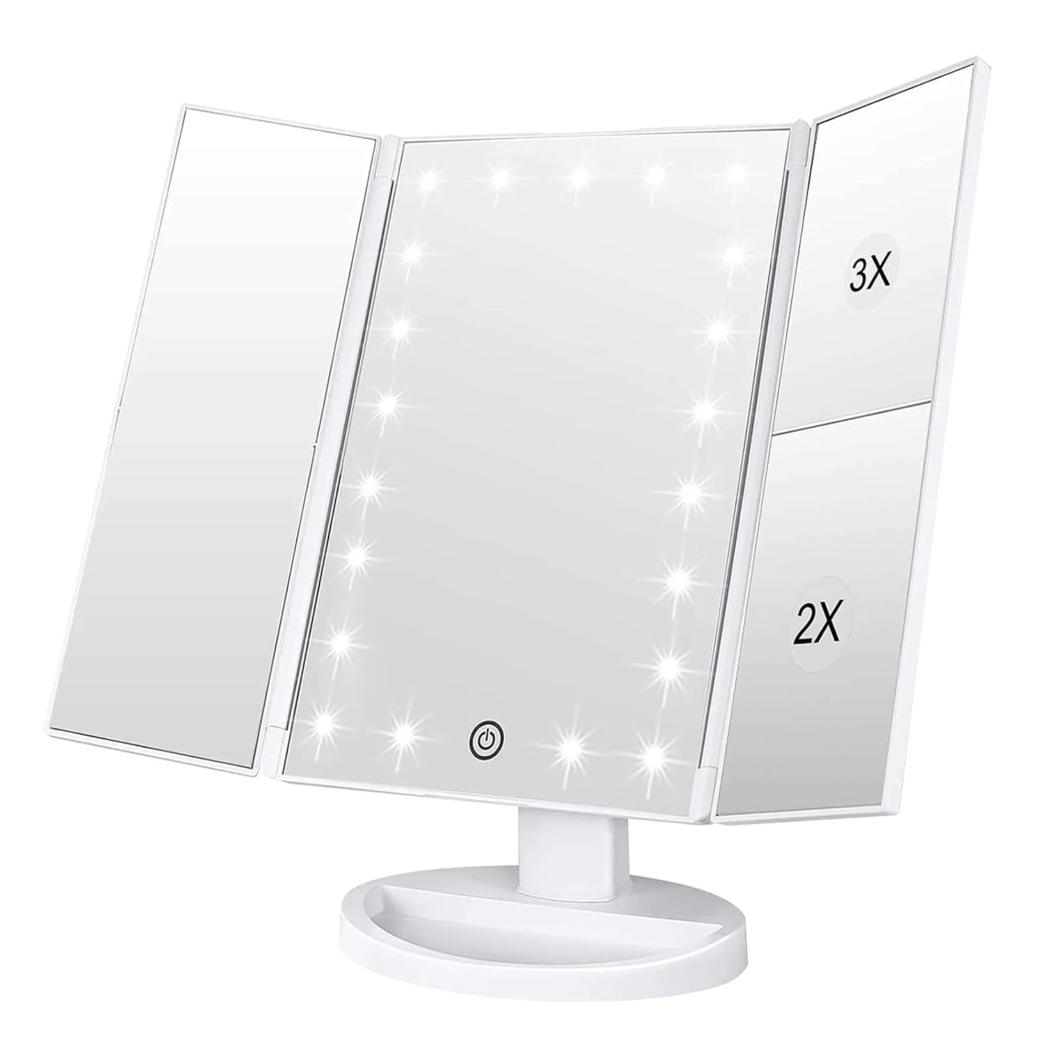 Lustro do makijażu składane, trzyczęściowe, z 21 diodami LED, regulowanym ekranem dotykowym i powiększeniem 1x/2x/3x (białe)