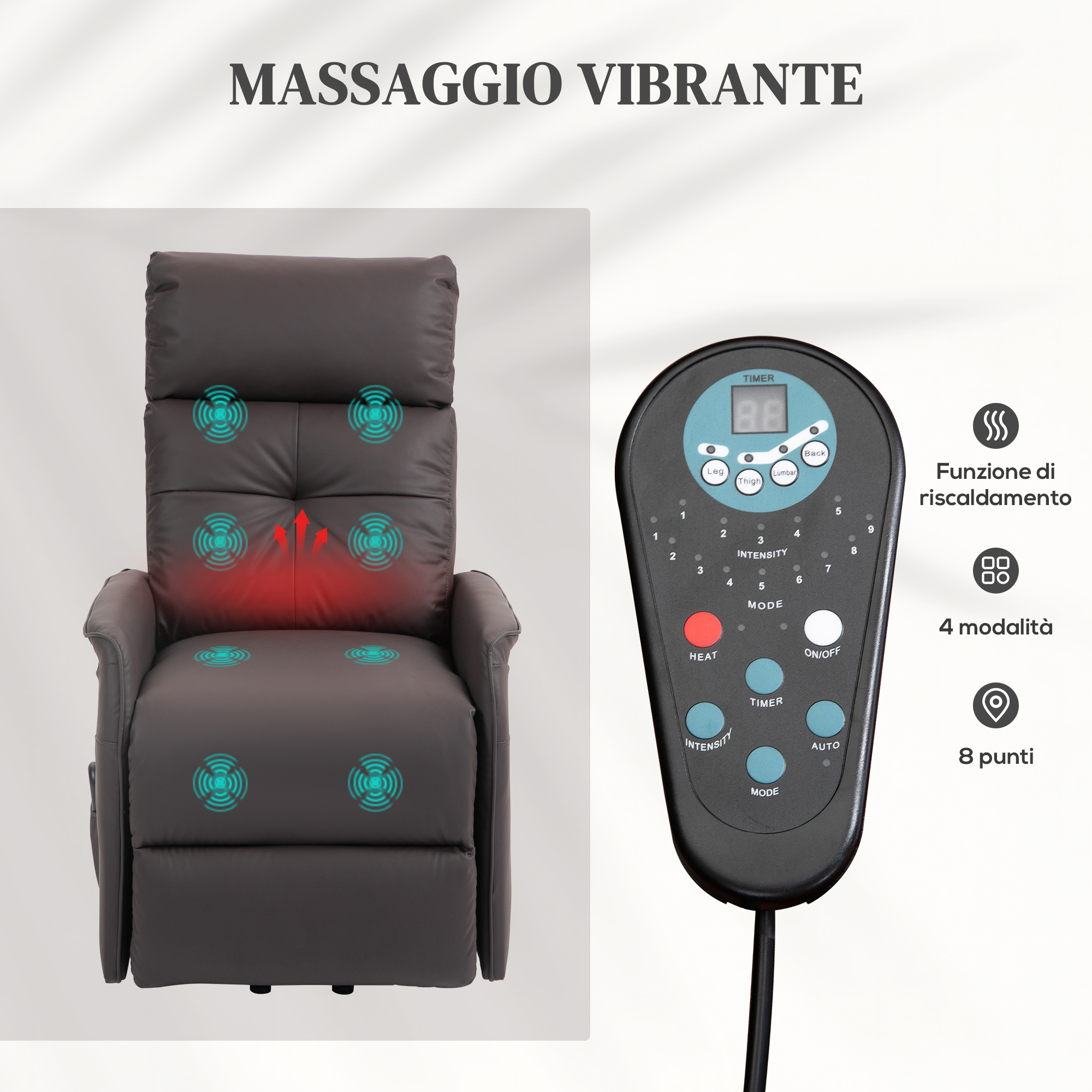 HOMCOM Poltrona Relax Alzapersona e Reclinabile con 8 Punti Massaggio e Riscaldamento, 2 Telecomandi, Marrone - 6