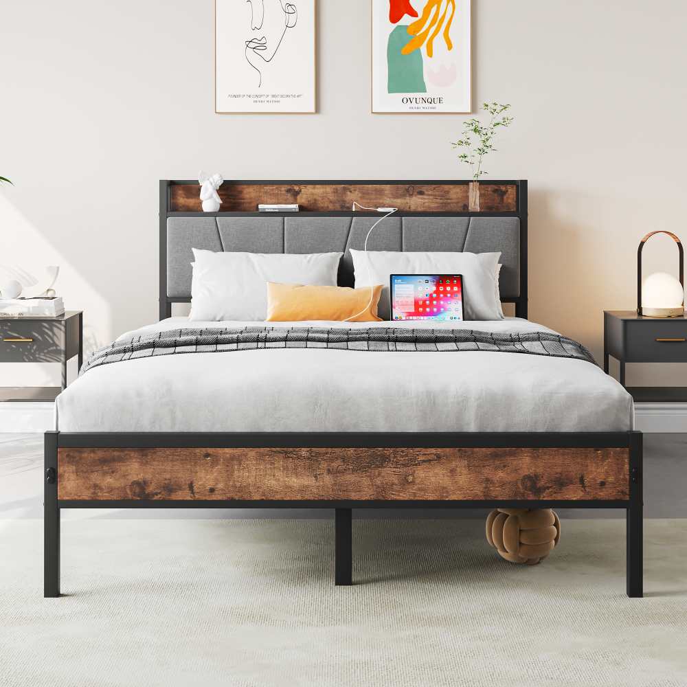 Rama łóżka 120×200 cm z inteligentnymi diodami LED, schowkiem i portami USB – solidna metalowa konstrukcja, cicha praca i łatwy montaż - 4