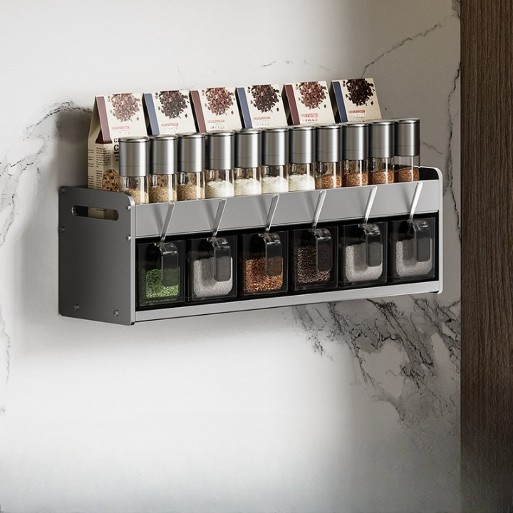 Półka kuchenna bez wiercenia, wielopoziomowa półka ścienna, stojak do przechowywania przypraw i przypraw, szary, 2 poziomy, 6 misek