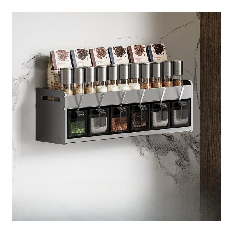 Półka kuchenna bez wiercenia, wielopoziomowa półka ścienna, stojak do przechowywania przypraw i przypraw, szary, 2 poziomy, 6 misek
