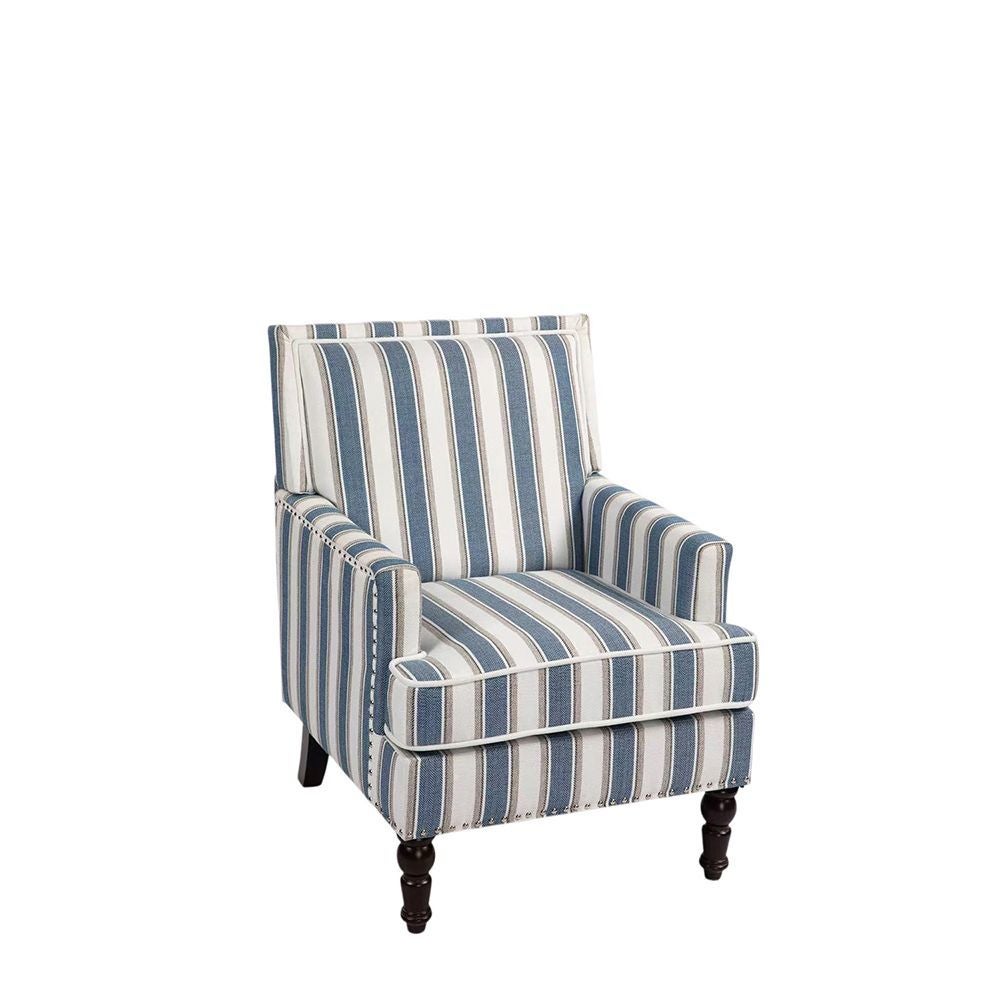 Chaise d'appoint rembourrée vintage tissu lin rayé bleu blanc bordure clous salon - 2