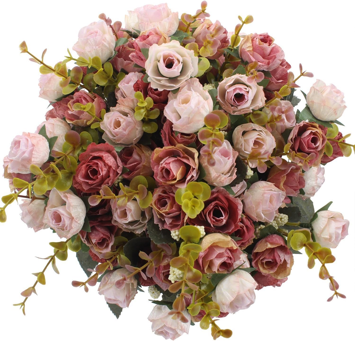 Bouquet artificiel avec roses artificielles, 7 tiges, 21 fleurs, fleurs en soie, idéal comme décoration 2 pièces de café rose - 2