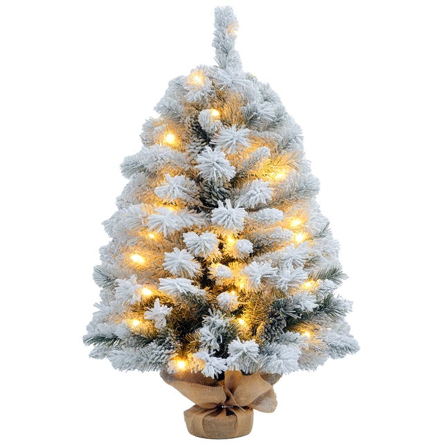 Sapin de Noël 92 cm, guirlande lumineuse LED, branches enneigées, pommes de pin, ignifugé, socle en béton
