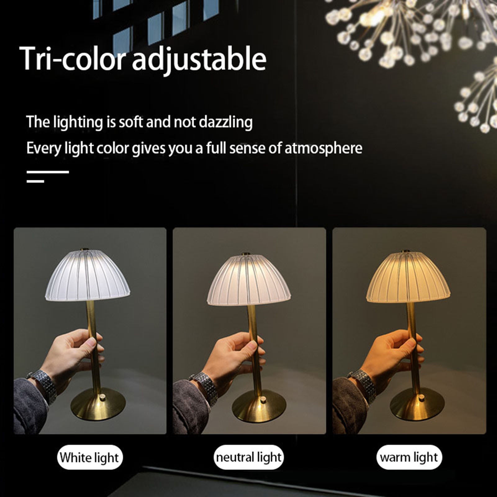 Lampe de table dimmable, lampe tactile pour la table de chevet de la chambre, lampe rechargeable en laiton sans fil portable - 4