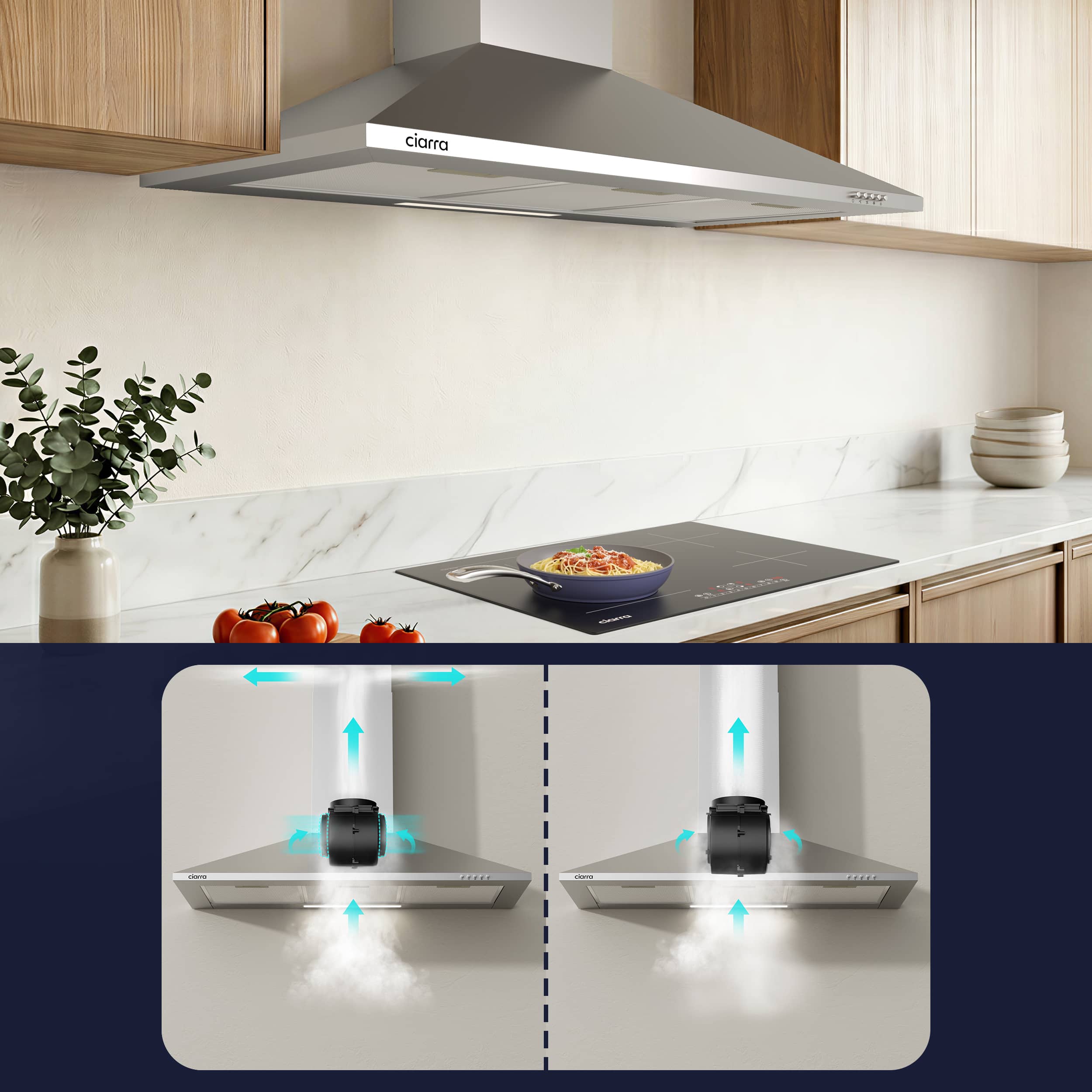 CIARRA Exaustor de parede 90 cm 370 m³/h A++ 3 Velocidades com Filtros de Carvão Extração ou Recirculação Inox 201SS90 - 8