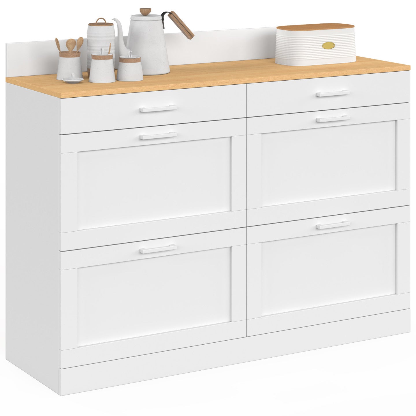 Buffet bas de cuisine 120 cm casserolier VITO plan de travail H.83 cm 6 tiroirs blanc et plateau façon hêtre - 4