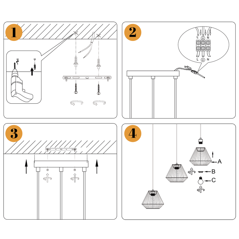 Nettlife Lampada Sospensione Boho Rattan - Lampadario 3 Luci E27, Regolabile, Stile Retrò, Tavolo Pranzo Camera (Senza Lampadina) - 7