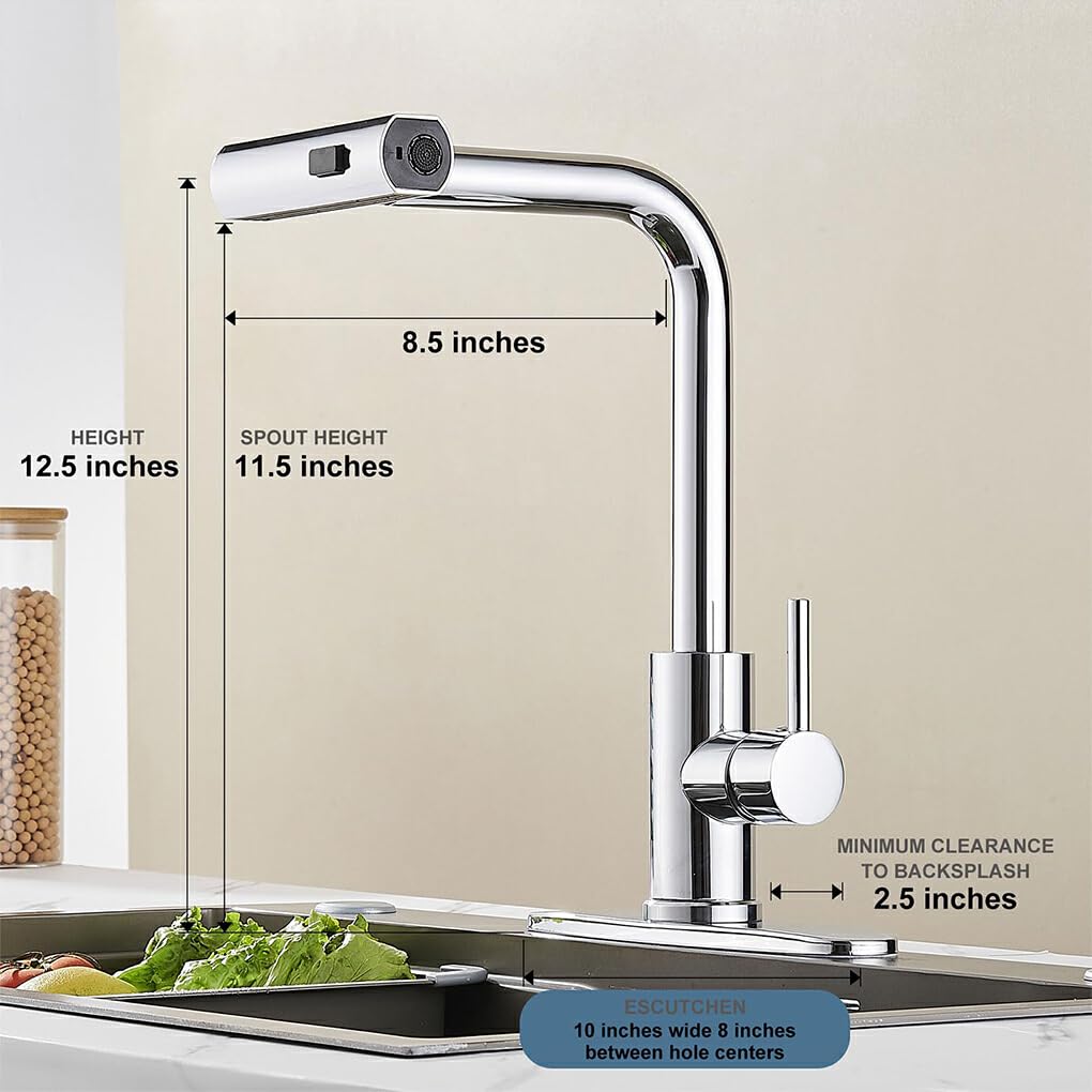 Mitigeur de Cuisine Élégant à Douchette Extractible 360° et 3 Modes - Poignée Unique Finition Argent Brossé pour Évier Moderne - 3