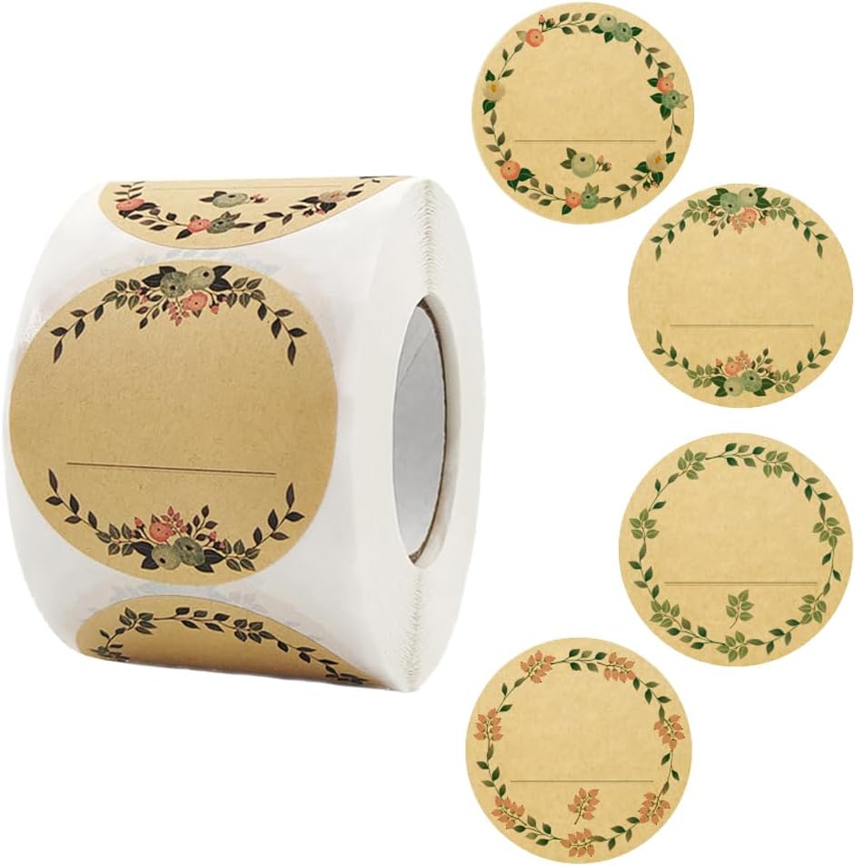 Okrągłe naklejki z naturalnego brązowego papieru typu kraft, 500 mm, wzór w kwiaty w stylu vintage, 4 wyjątkowe style, do pisania i trwałe, do organiz
