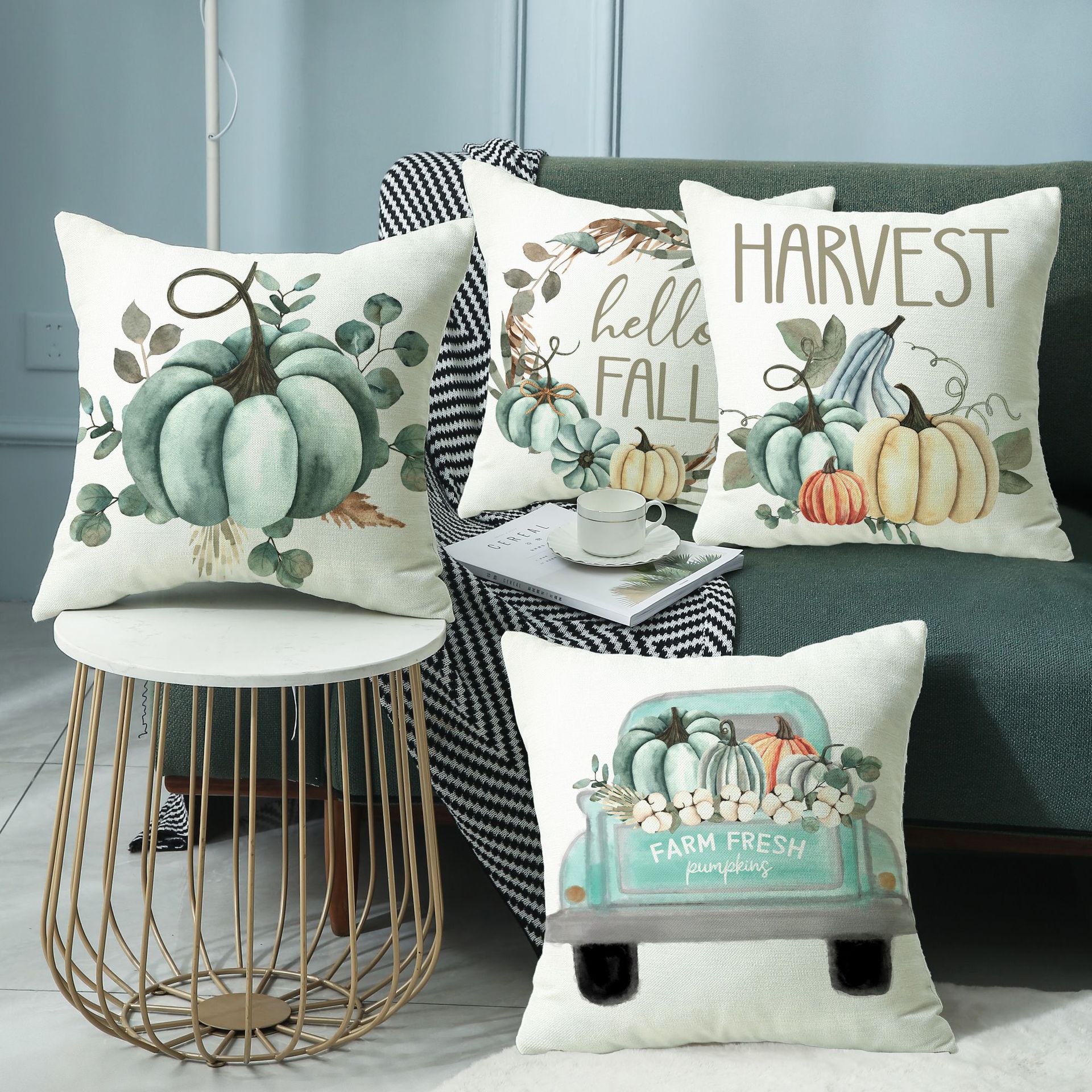 Lot de 4 housses de coussin Thanksgiving 45 x 45 cm, motif citrouille d'automne, pour décoration d'intérieur, salon, chambre à coucher - 2