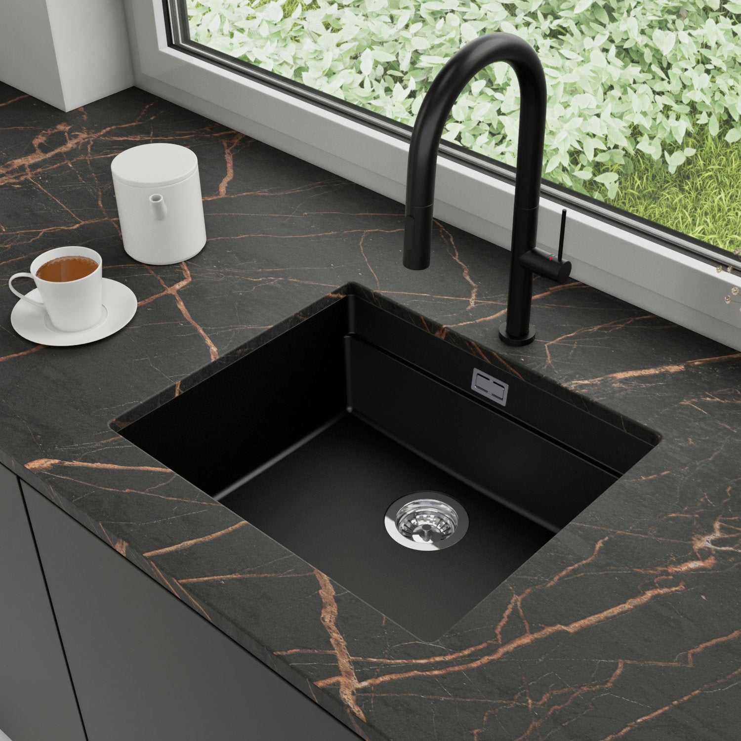 Zlewozmywak podblatowy 56x47cm, do szafki od 60cm + Bateria + Syfon - Coral Czarny STONESTYLE