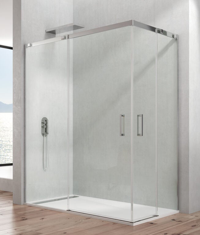 Paravan de colț TEMPLE 2 panouri fixe + 2 uși glisante 100x70 cm (95-100/65-70) inox lucios sticlă transparent