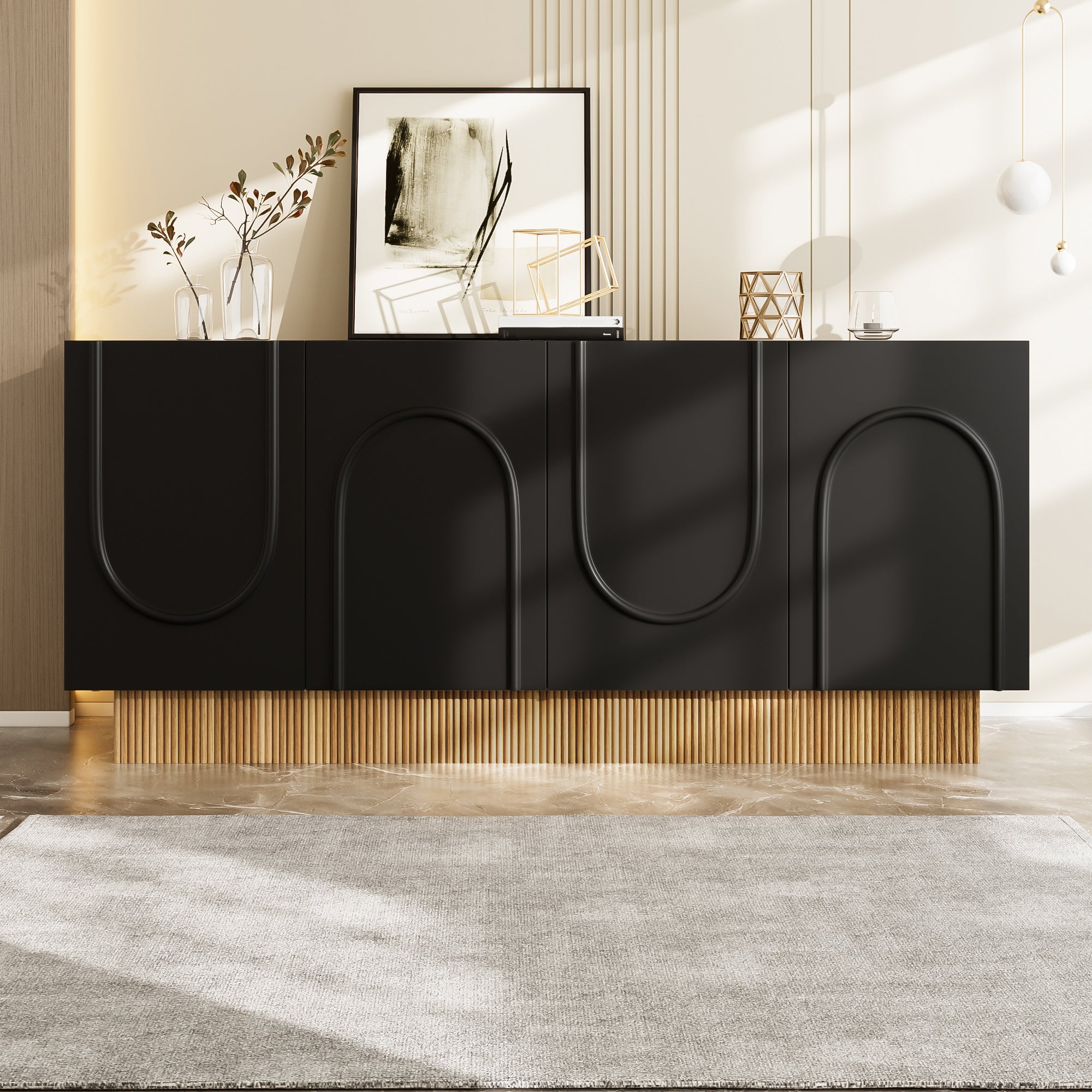 Nowoczesna komoda z 4 drzwiami - 160 x 75 x 38 cm - Płyta wiórowa - do salonu, jadalni - Kolor czarny i drewno