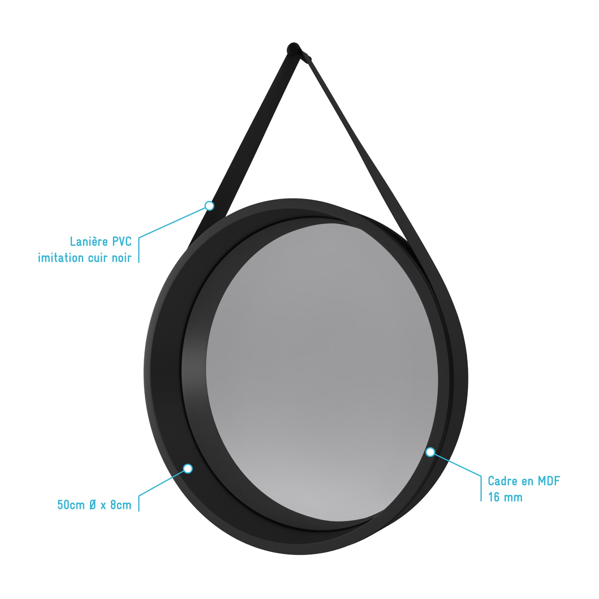 Miroir salle de bain Rond type Barbier - Noir - Diamètre 50 cm - 4