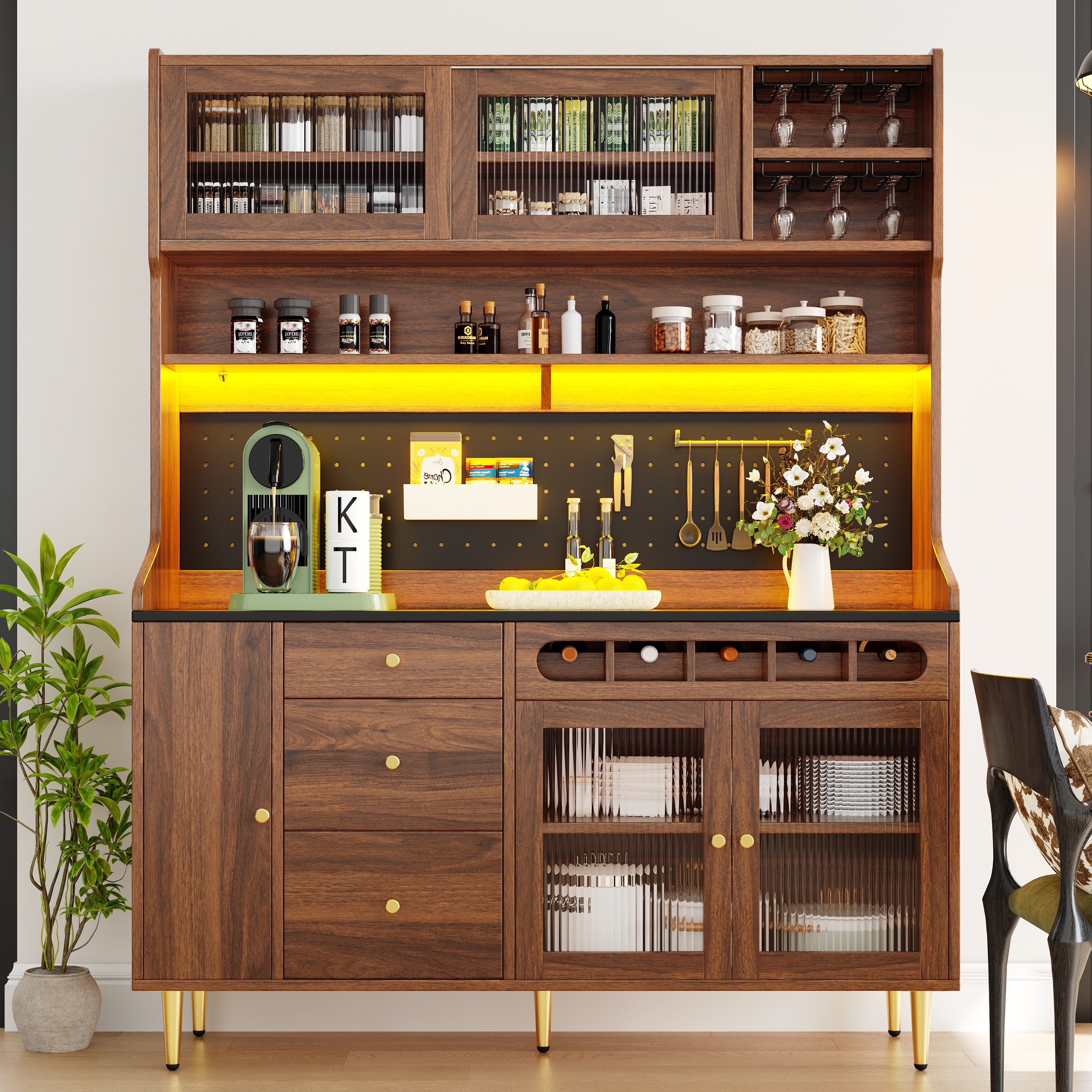 Meuble de cuisine avec étagères réglables145×39×171cm,Buffet de salon avec Lumières LED et casier à vin,3 tiroirs,Convient aux salon et cuisine,Noyer - 2