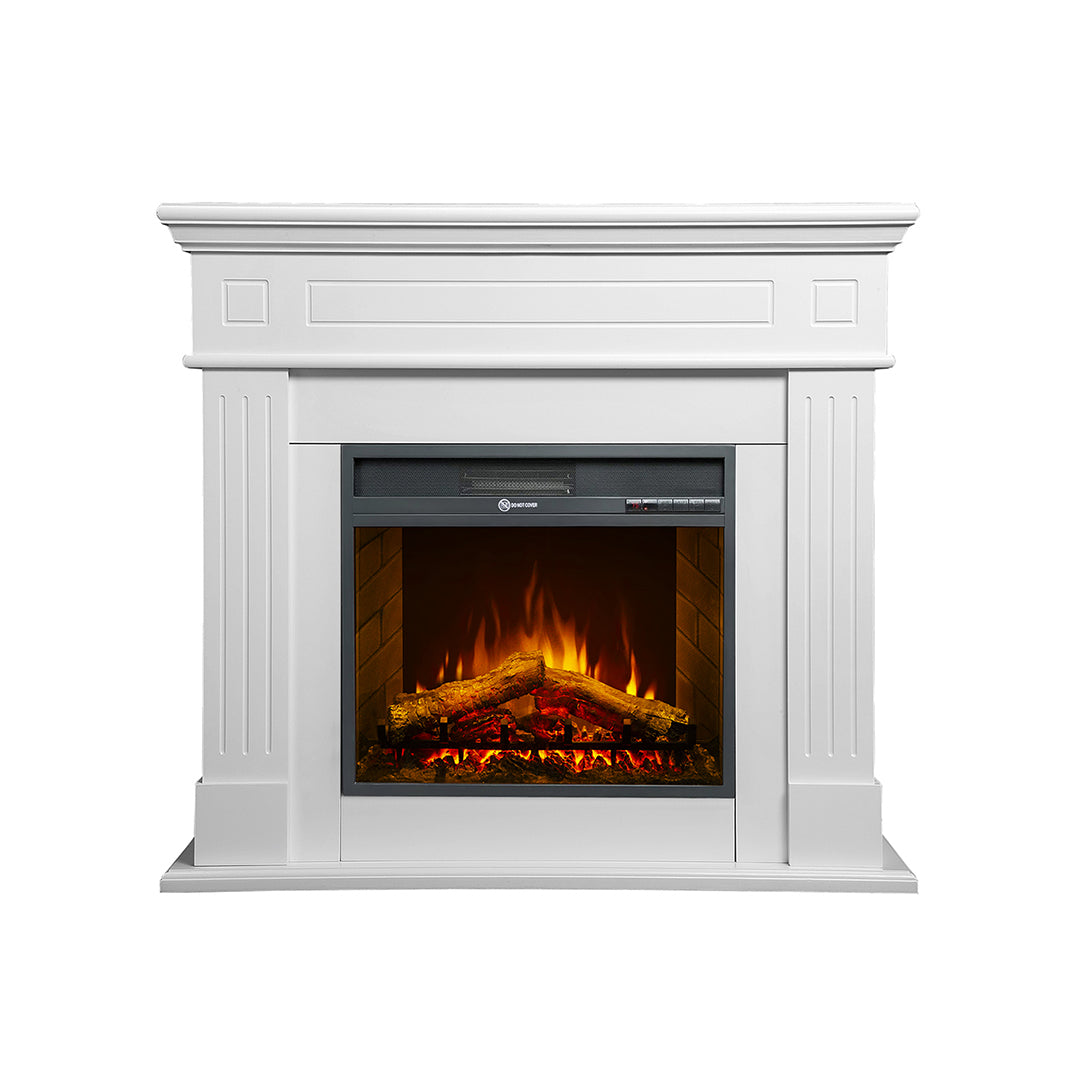 Elektryczny kominek podłogowy z białą drewnianą obudową Cambridge